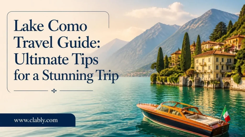 Aerial view of Lake Como with colorful lakeside villages and Alpine mountains
