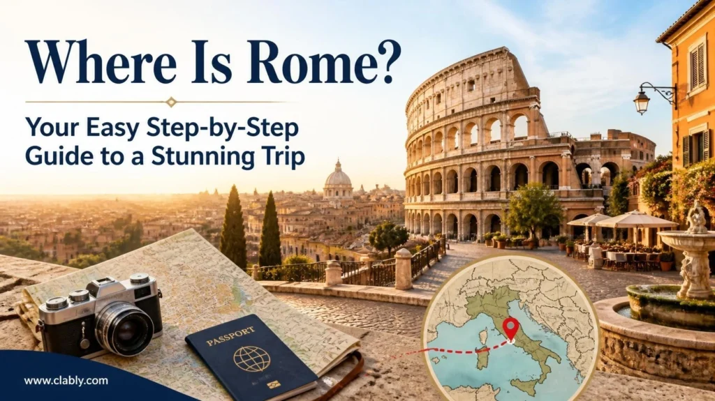 Where is Rome? Aerial view of the Colosseum and city skyline at sunset