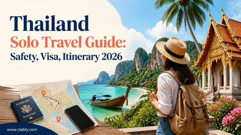Thailand solo travel guide cover showing a traveler with a backpack overlooking a beach, longtail boat, and Thai temple